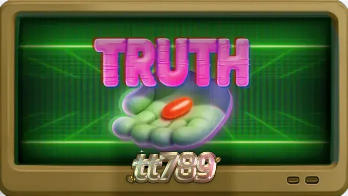 Tampilan layar permainan slot Truth dengan tema konspirasi dan monitor retro